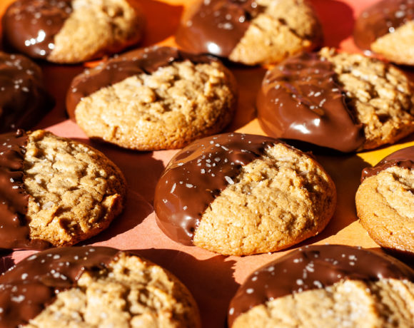 Chocolate Dipped Salted Peanut Butter Cookies