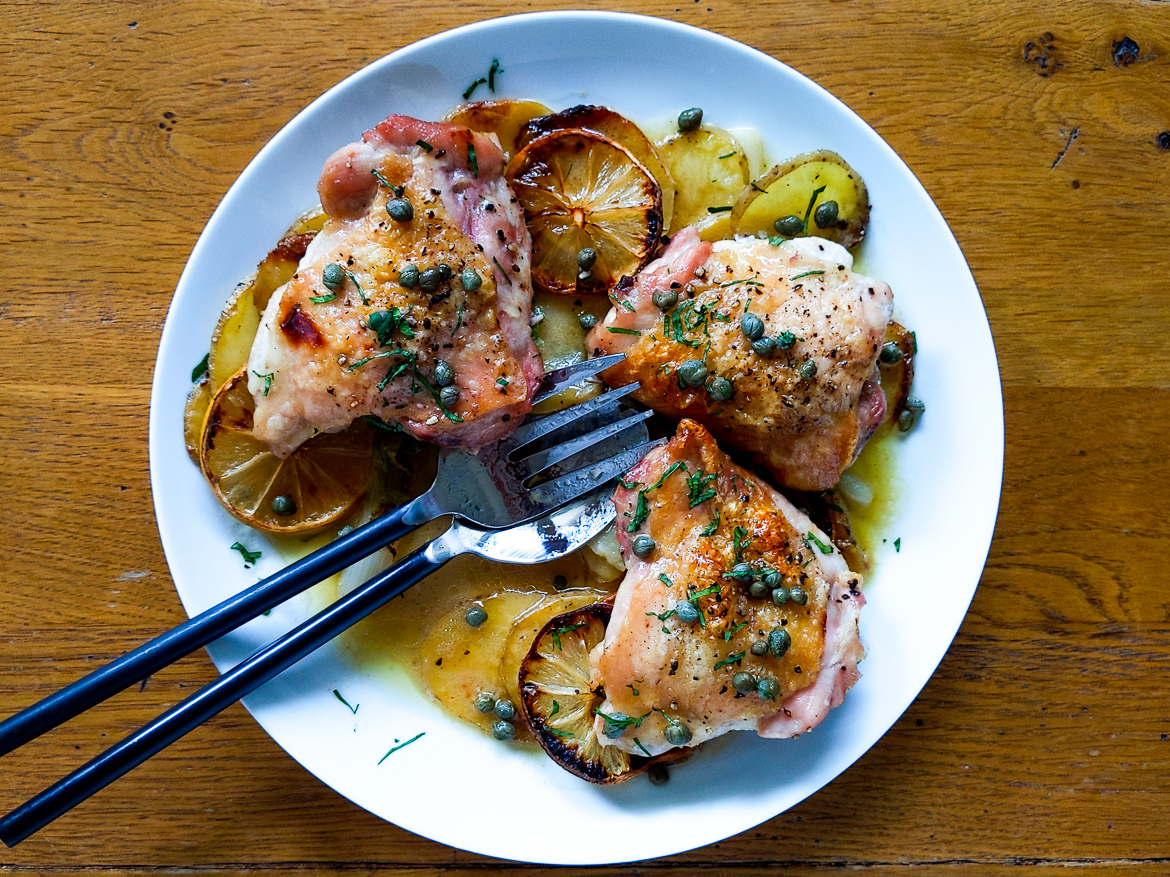 Sheet-Pan Chicken Thighs with Potatoes and Scallions
